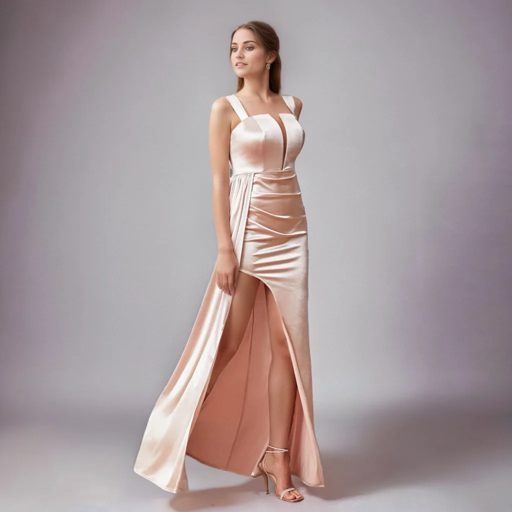 

Women's Champagne Sling One-shoulder High Waist High Slit Evening Dress Long Dress Pleated Design Elegant Wedding Ball Event