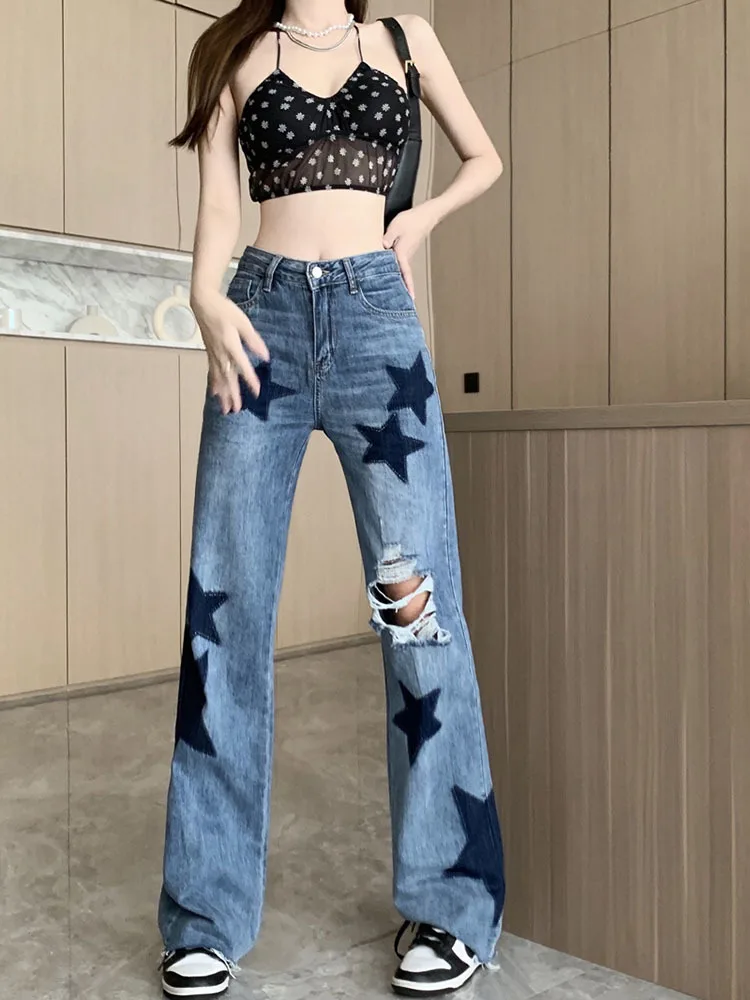 

Vintage Star Jeans Pocket Stitching Straight Denim Pants Women y2k Streetwear Casual Trousers Harajuku Low Rise Capris