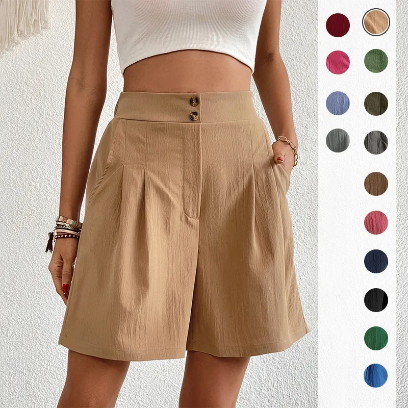 Women Double Button High Waist Pleated Shorts Summer Solid Color Loose Straight Casual Shorts with Pockets Multi Colors
