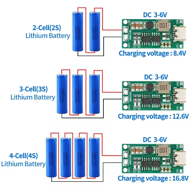 Multi-Cell Step-Up Boost Carregador de iões de lítio, 18650 Bateria de lítio, 2S, 3S, 4S, Tipo-C para 8.4V, 12.6V, 16.8V, Polímero LiPO