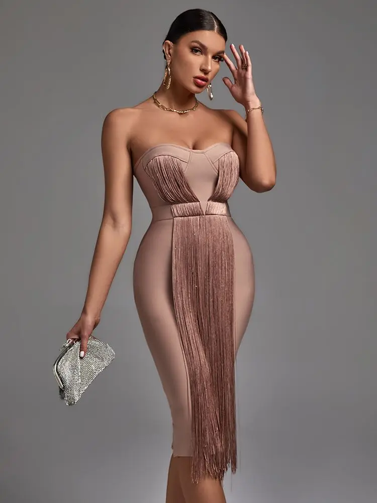 Vestido ceñido con borlas para mujer, traje elegante y Sexy de alta calidad, sin tirantes, para fiesta y Club nocturno, verano, 2022