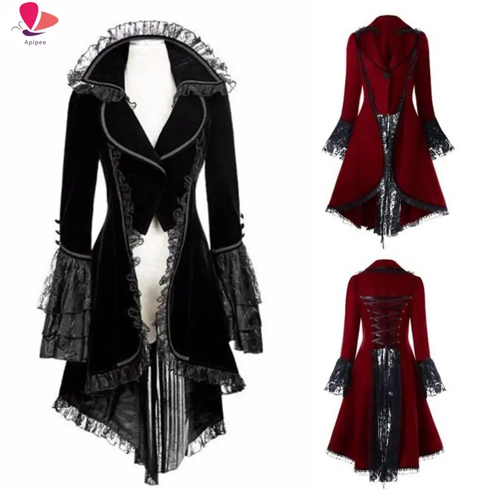 

APIPEE Women Vintage Medieval Steampunk Coat Long-sleeved Bandage Lace Stitching Halloween Gothic Overcoat Tailcoat Outwear