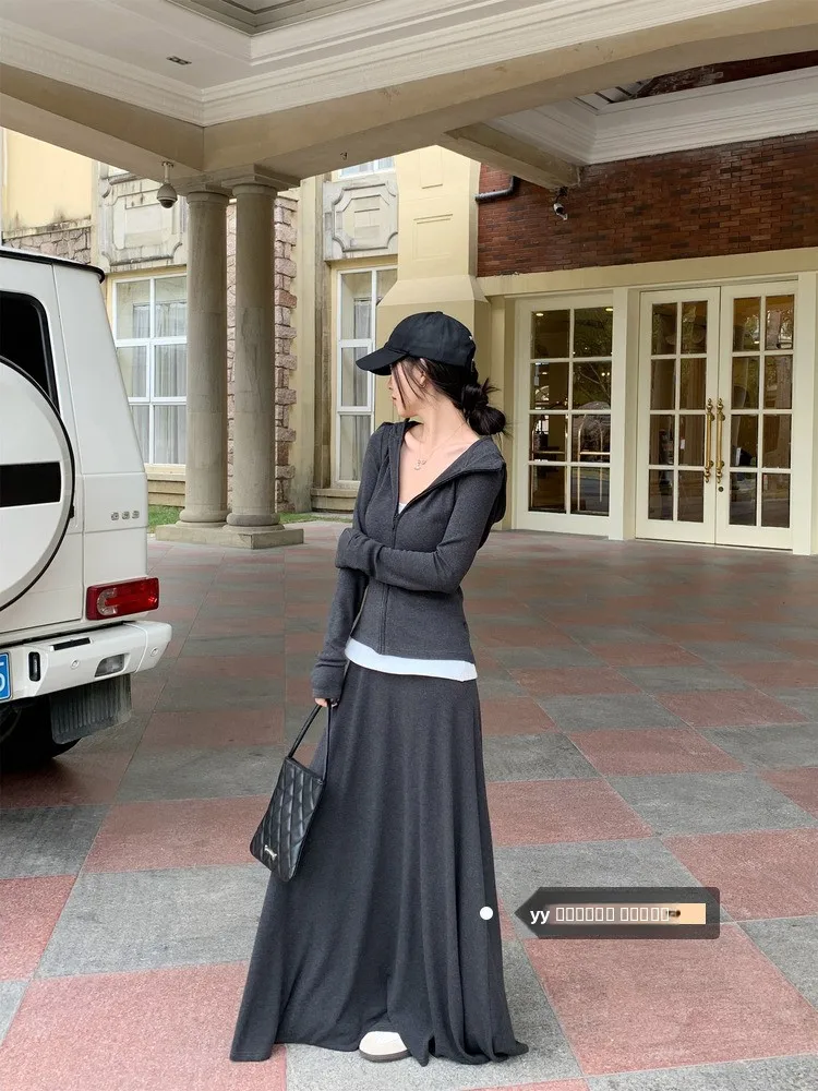 

ey Casual Versatile Lazy Sle Ele Set Women Early Spring Hooded Open Cardigan Sweatirt Jaet f Skirt Two Piece Set