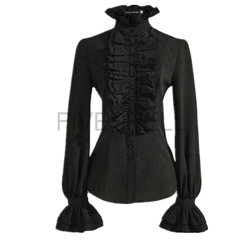 Medieval Victorian Vintage Style Women Casual Shirt Long Sleeve Solid Color Tops Ruffle Splice Button Up Shirt Female Costumes