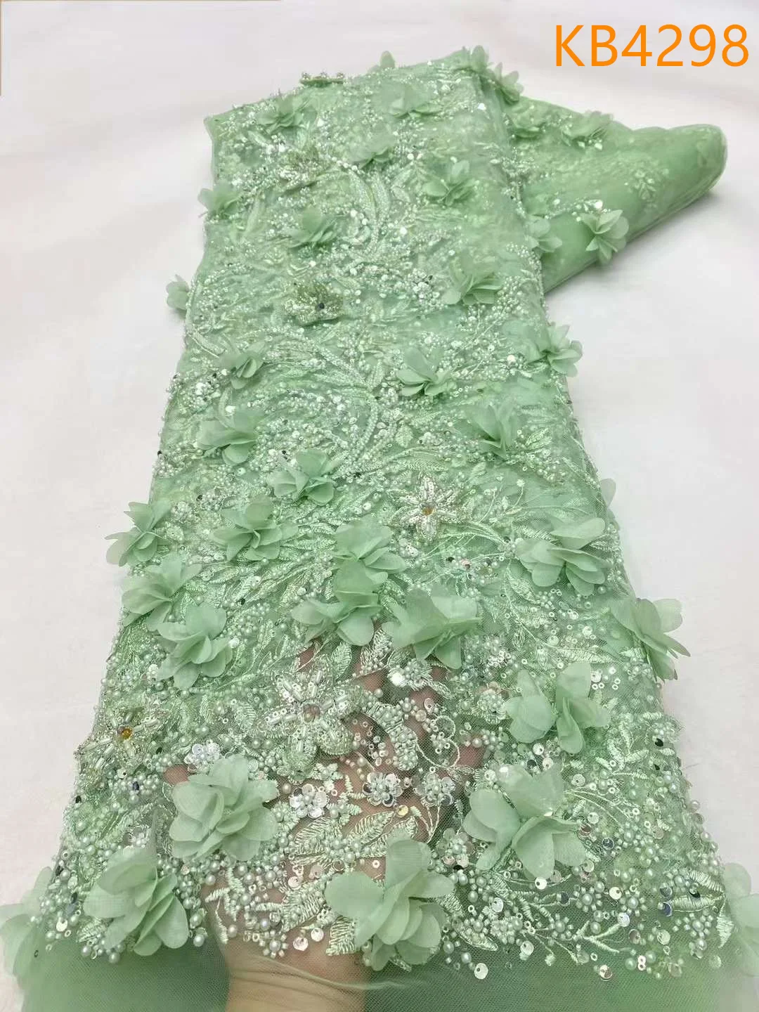 Green Sequin Lace Fabric New African Fabrics 2024 White 3D Flower Beaded Tulle Lace For Wedding Party Dress KB4298