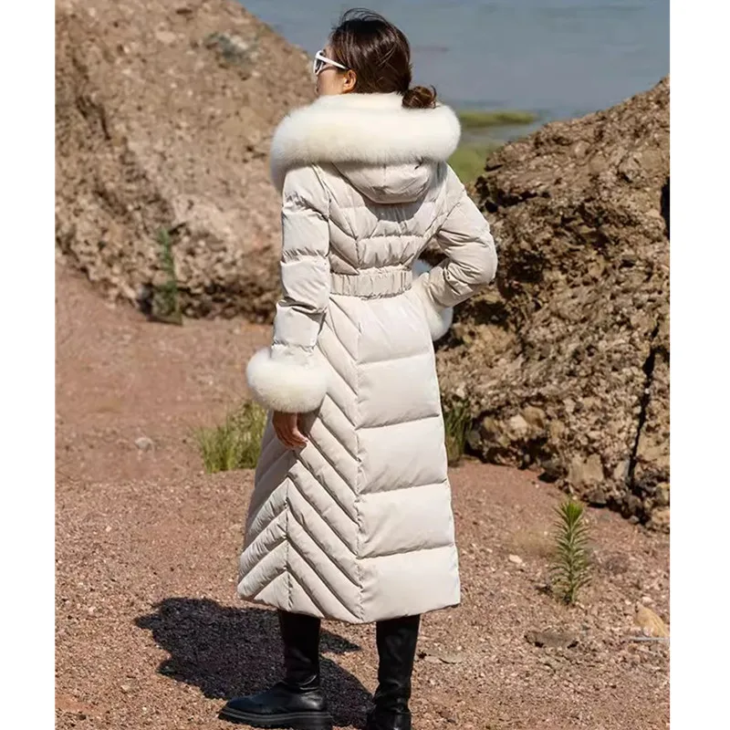 High grade Fur down Jacket Women 2023 New Real Fox collar Long White duck down Jacket Fashion Slim Thicken Hooded Parka Overcoat