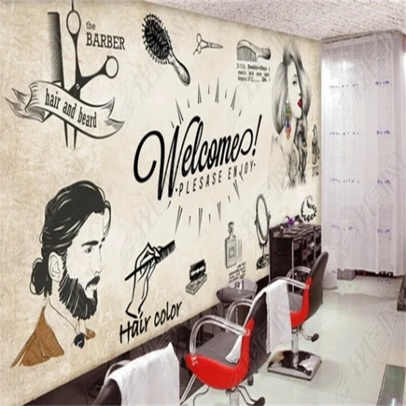 Custom Fashion Style Self-adhesive Wallpaper Barber Shop Hair Salon Wall Mural Industrial Decor Fresco Peel and Stick Wall Paper