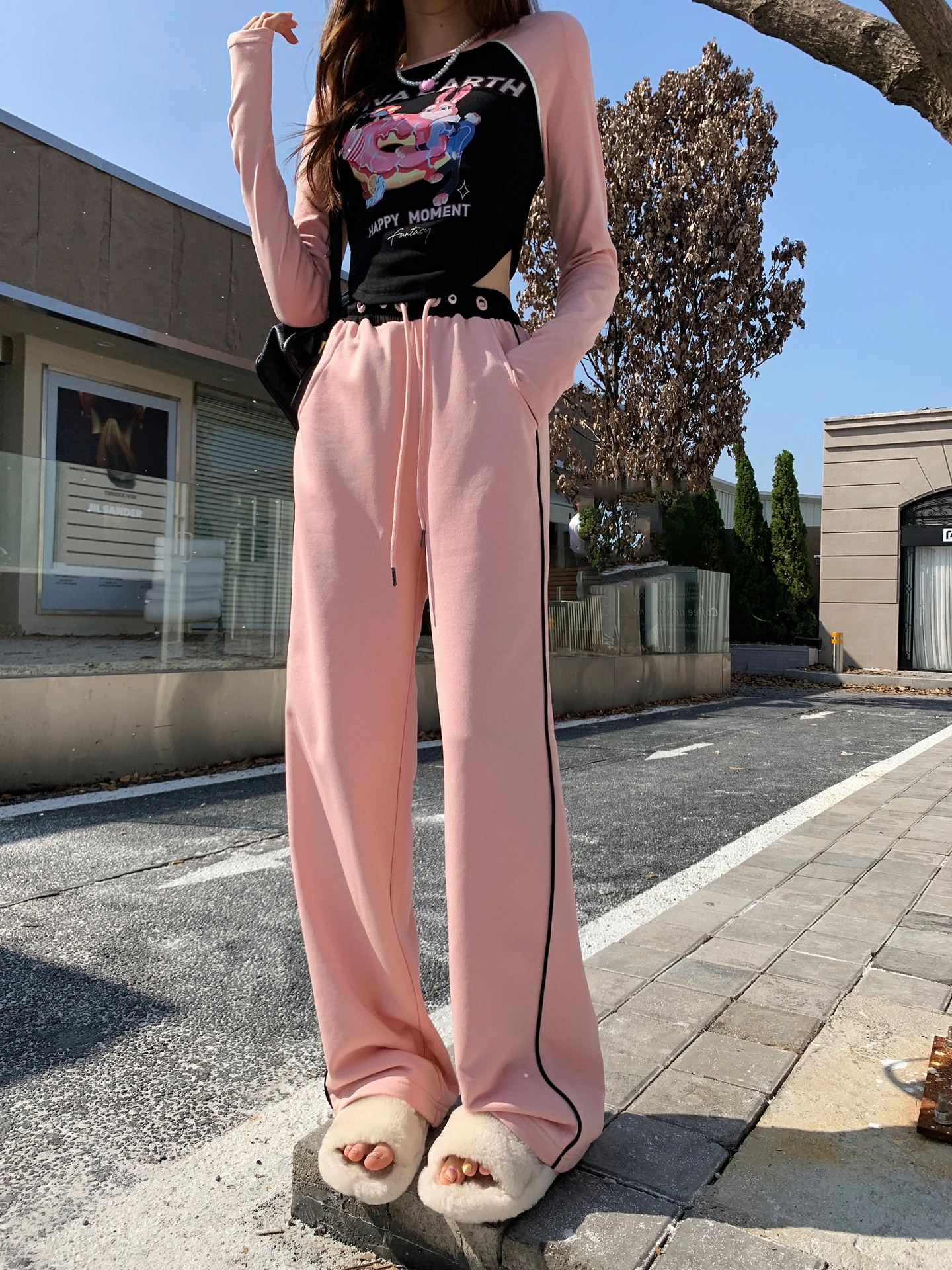 

Розовые брюки с заниженной талией и прямыми штанинами для женщин, свободные, стройнящие, повседневные, весенние, из тонкой хлопково-полиэстеровой смеси