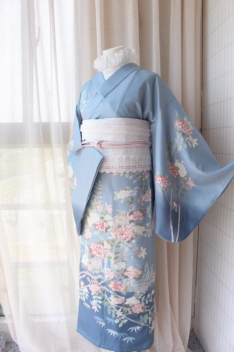 Quimono de roupa formal tradicional japonesa para mulheres, Yukata azul claro, sem rugas, sem engomar