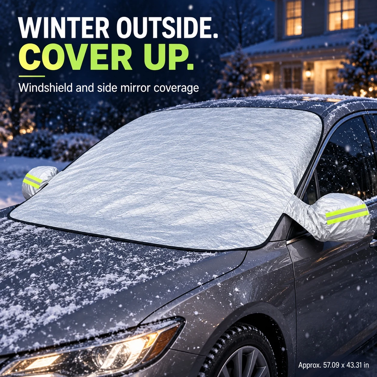 Car Windshield Cover for Snow and Ice with Side Mirror Covers, Silver Winter Frost Protector, 57.09 X 43.31 Inches, Front Windshield Coverage for Outdoor Parking at Home, at Work or in Driveways