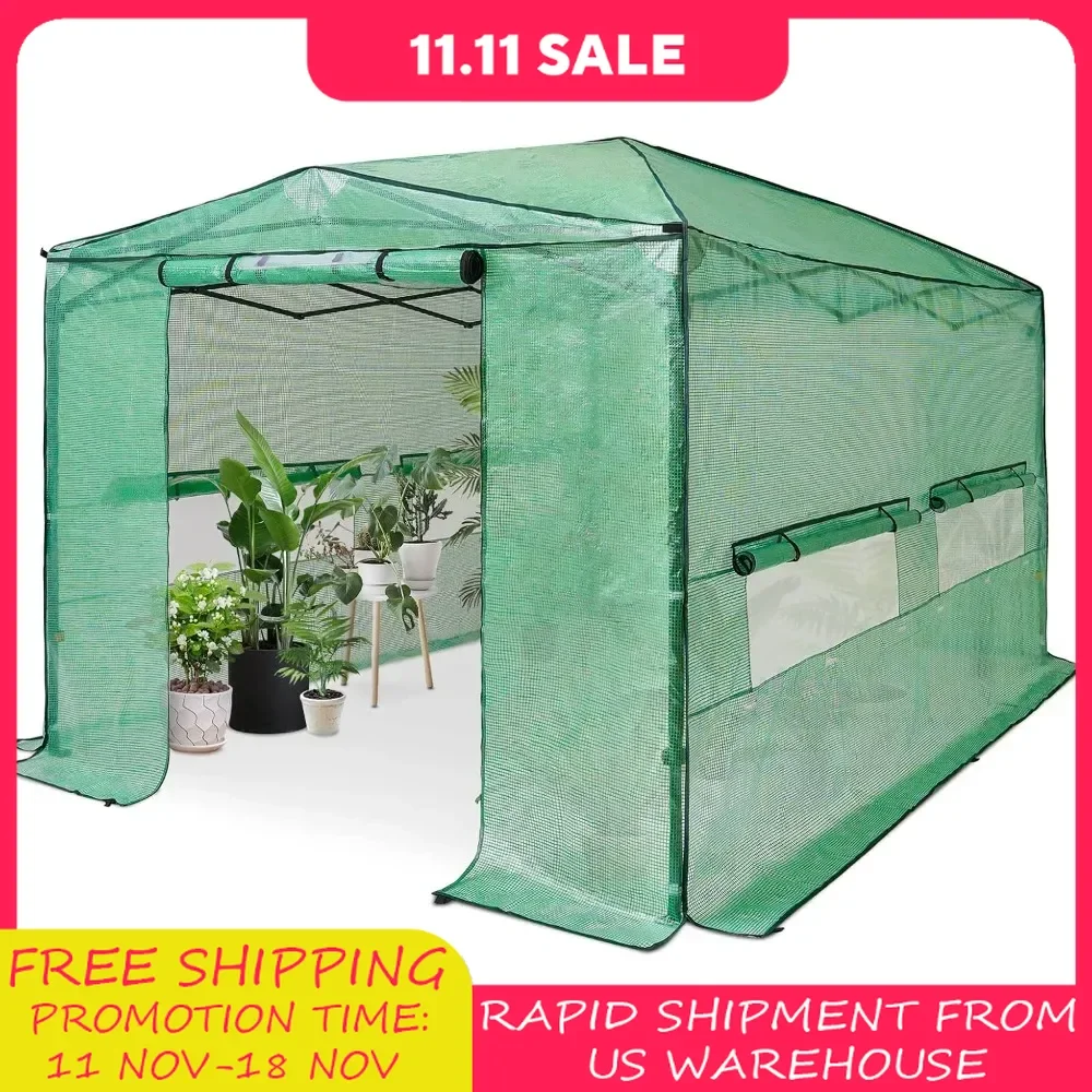 Portable Greenhouse Pop-up Greenhouse Indoor Outdoor Plant Gardening Canopy, 2 Roll-Up Zipper Doors and 4 Side Windows，Green