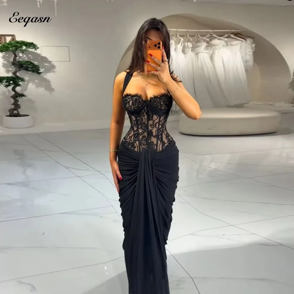 Eeqasn Maßgeschneiderte Exquisite Jersey-Abendkleider Gerafftes Meerjungfrauen-Korsett Spitze Langes Maßgefertigtes Schwarzes Partykleid 2026