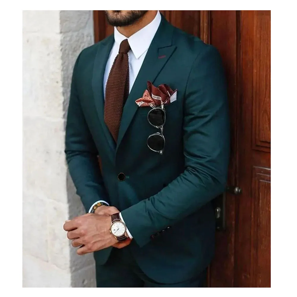 Elegant Green Suits for Men Single Breasted 2 Piece Jacket Pants Costume Homme Formal Business Gentleman Wedding Groom\'s Set