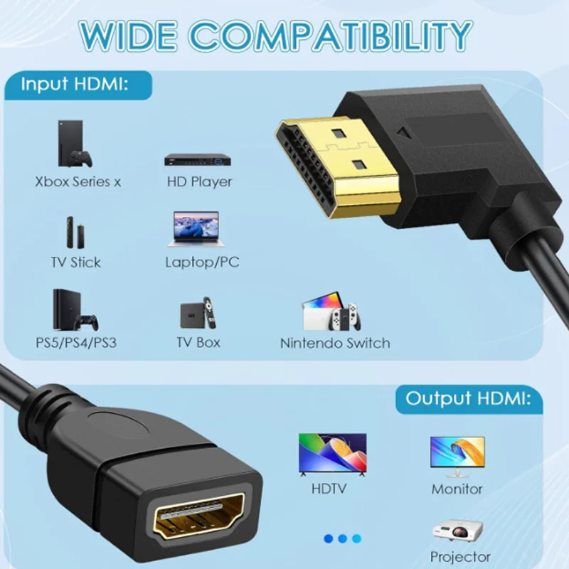 HDMI-Compatible Male to Female Adapter HDTVI AF Extension Cable 15cm Right Angle Cable Up, Down, Left, Right,