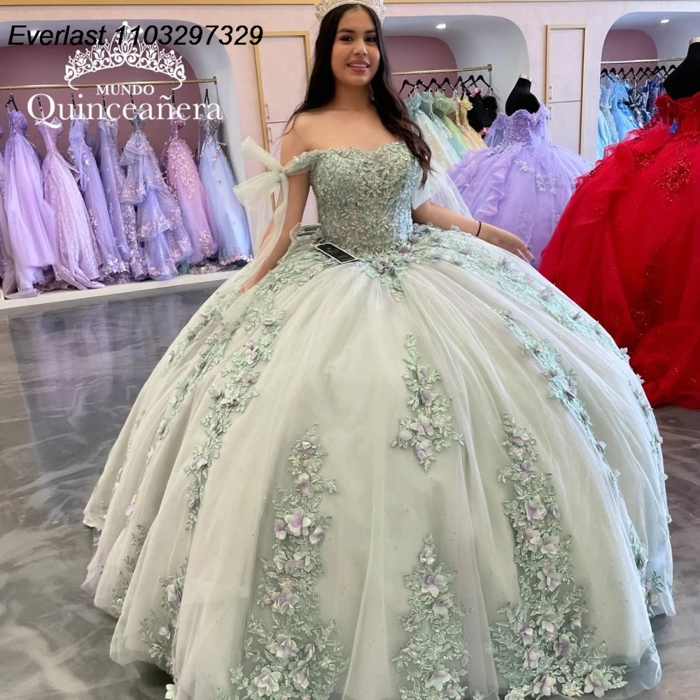 EVLAST-Vestido De quinceañera De menta personalizado, Vestido De baile con apliques De lentejuelas florales, corsé con lazo con cuentas, dulce 16, Vestido De 15 Anos QD1024