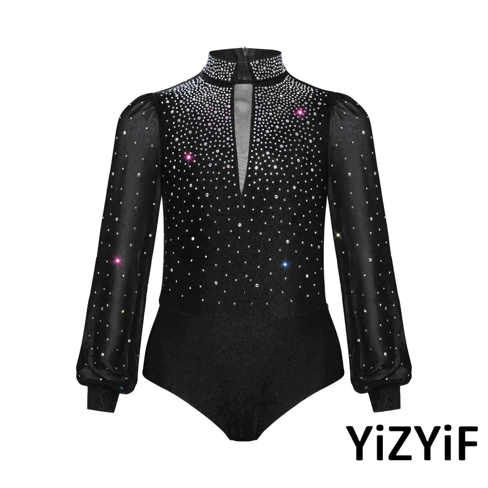 

Kids Ballet Dance Bodysuit Rhinestone Details Mock Neck Long Sleeve Leotard Ballet Latin Dance Costume for Dance Competition