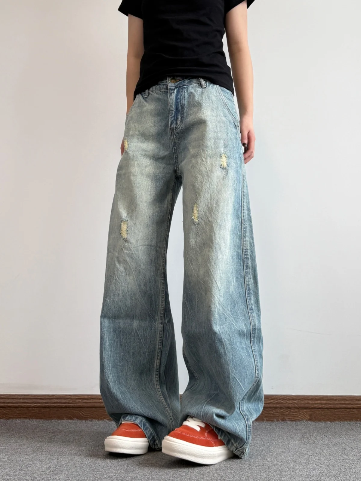 

American Sle Retro Blue High Street Knife Wide Leg Men's Jeans Casual Loose Vibe Sle Jeans Youth Summer Casual Jeans