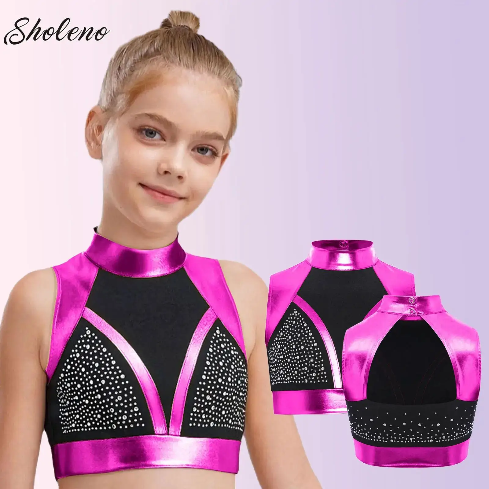 

Kids Girls Shiny Rhinestones Dance Crop Top Sleeveless Cutout T-Shirts Tops for Gymnastics Figure Skating Ballet Performance