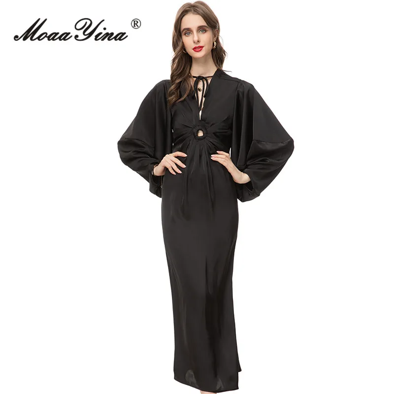 MoaaYina Spring Fashion Runway Black Vintage Mermaid Dress Women Lantern Sleeve Frenulum O Ring Slim Package Buttocks Long Dress