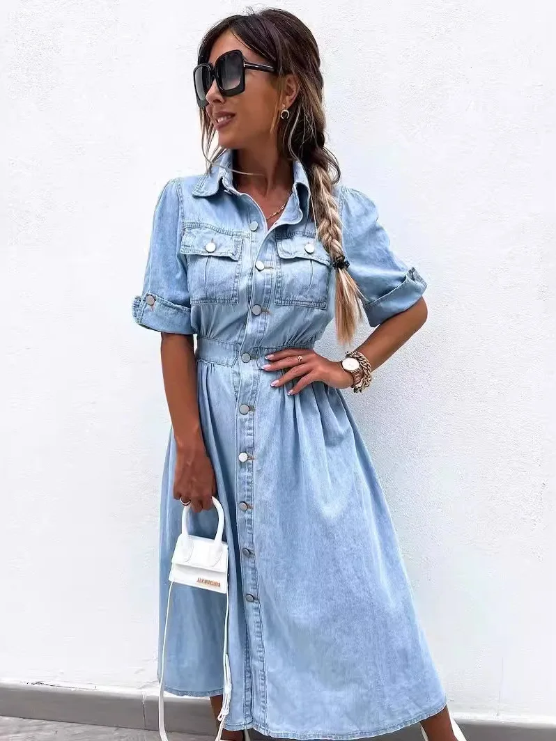 Button-up ort Sve Denim Dr Dames Nieuw Sle Katoen Polyester middentaille a-lijnrok Basismodel Lente Zomer Herfst