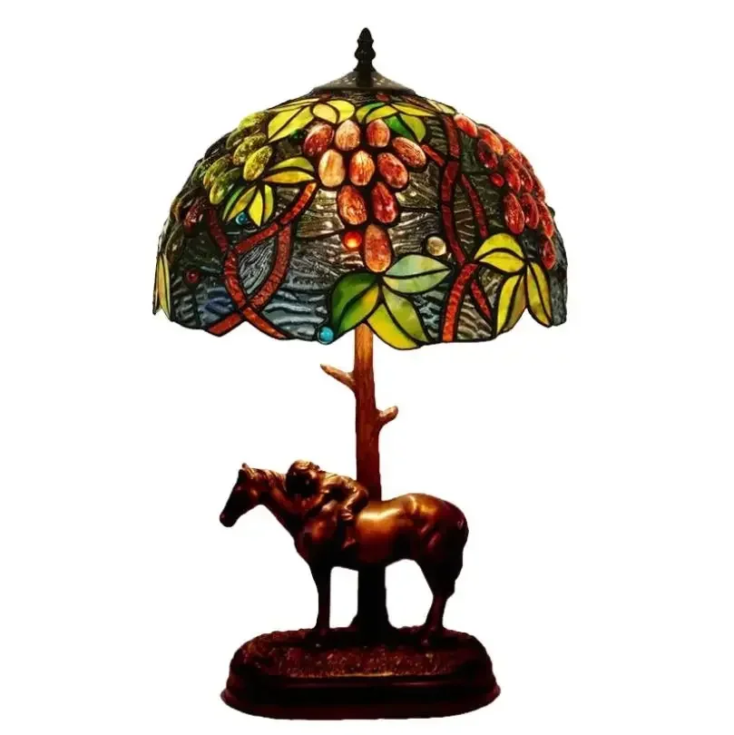

Stained Glass Flower Resin Horse Luxury Bedroom Bedside Garden Table Lamps Lights For Living Room Office Bar Counter Decoration