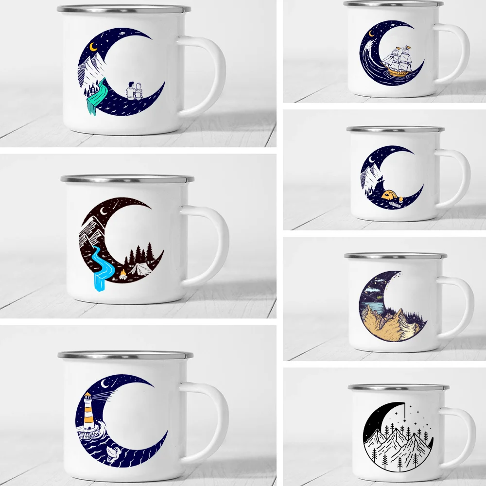 Taza de esmalte de montaña y Luna para acampar, taza de café para fogatas, Camper, los mejores regalos, bebida, jugo, agua, postre, cacao, leche, Asa