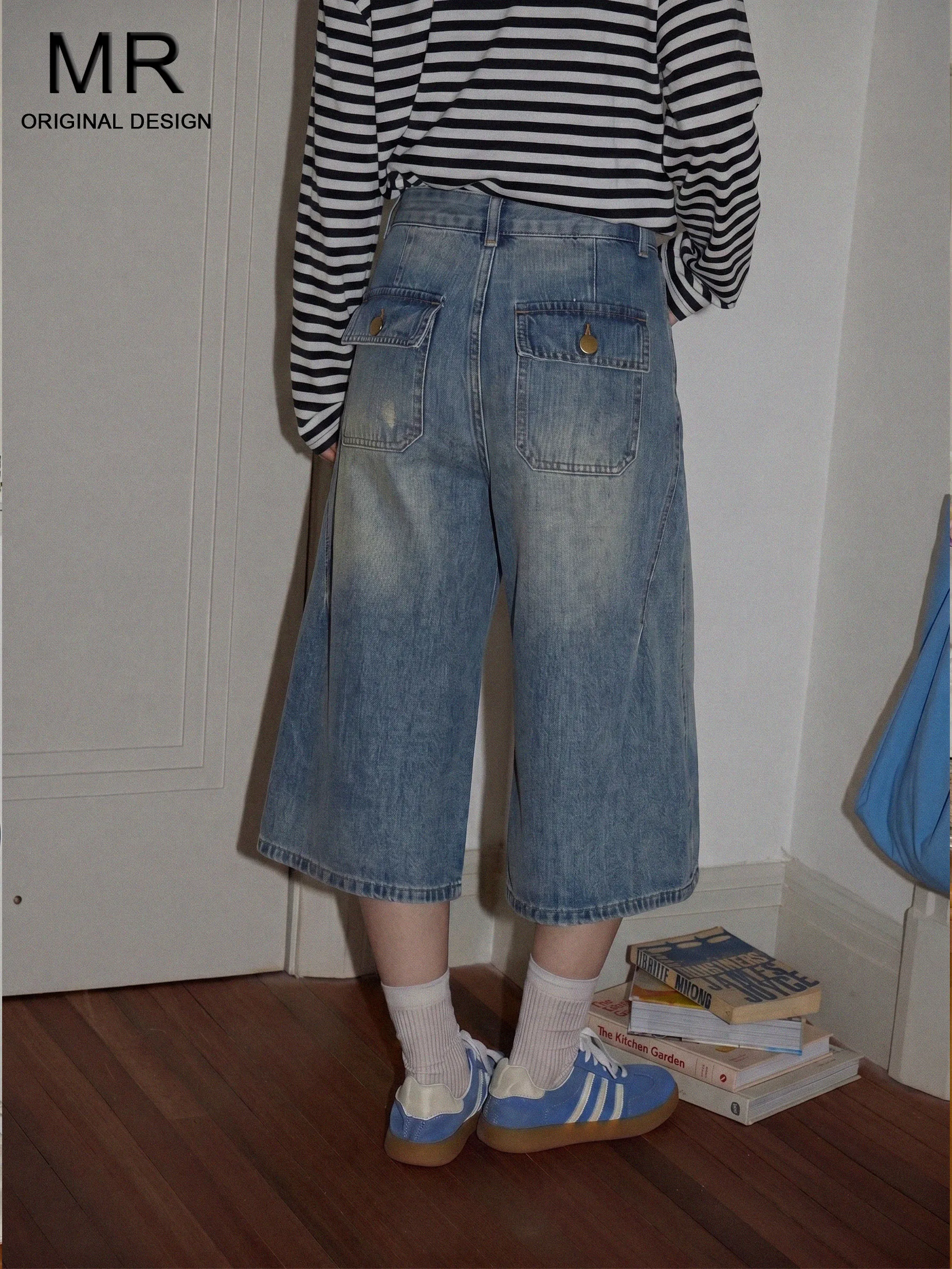 

Retro Blue High Waist Wide Leg Jeans Women's Summer Loose Lazy Style Seven-Foot Pants Casual American Style Denim Jeans
