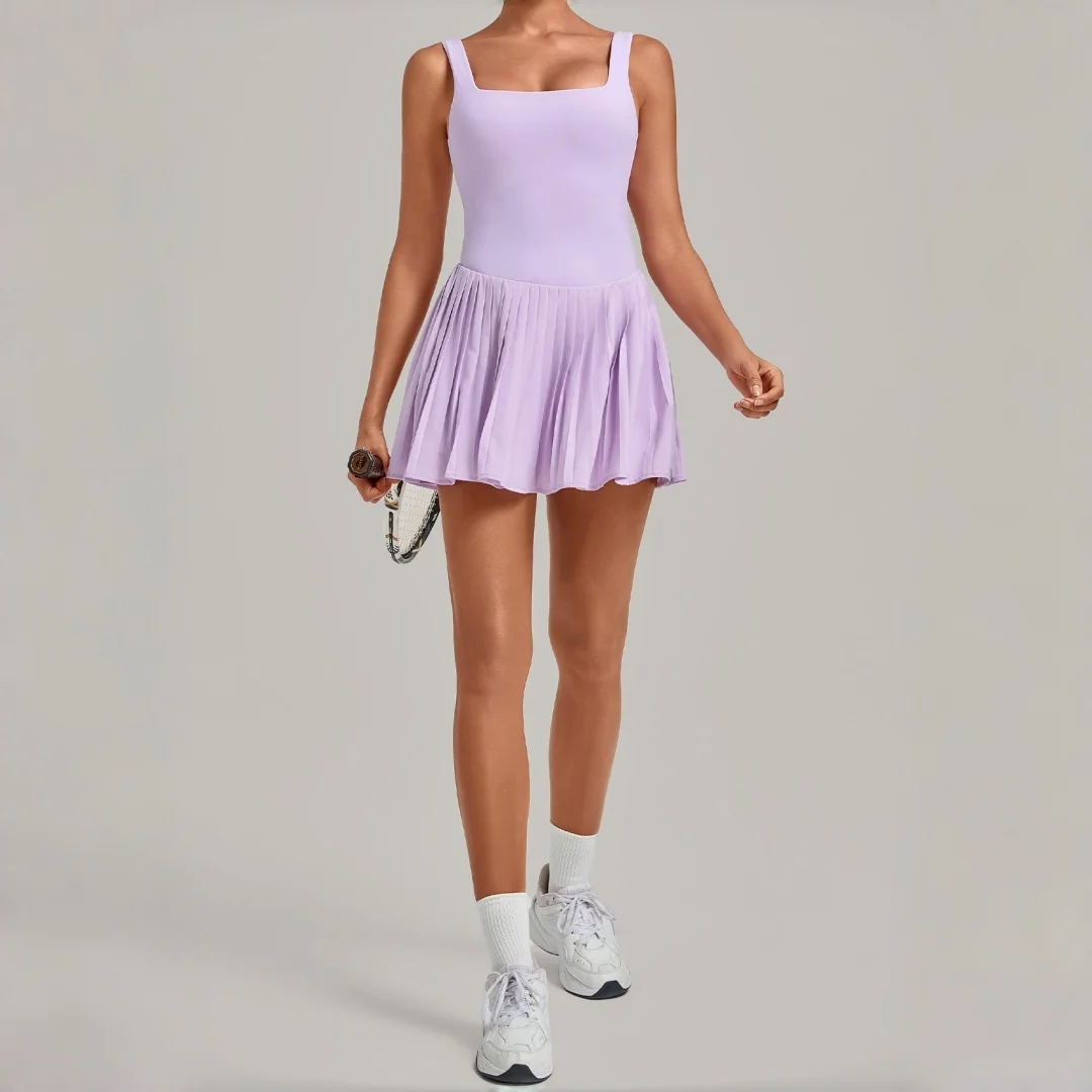 Tennis Dress Tight Nude Anti Glare Pocket Pleated Golf Tennis Badminton One-piece Sports Fitness Running Workout Gym Yoga Dress