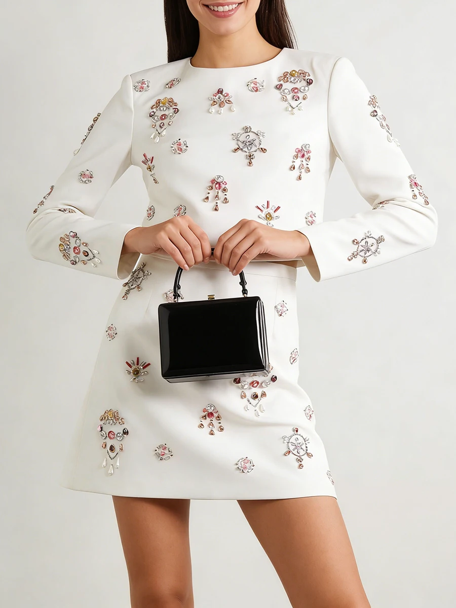 TWOTWINSTYLE Solid Spliced Beading Luxurious Two Piece Sets for Women Round Neck Long Sleeves Top High Waist Skirt Set Female