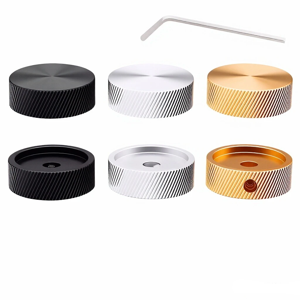1 perilla de aluminio de primera calidad, 30 mm de diámetro x 10 mm de altura, diseño elegante con textura moleteada en dorado, plateado y negro, orificio de 6 mm