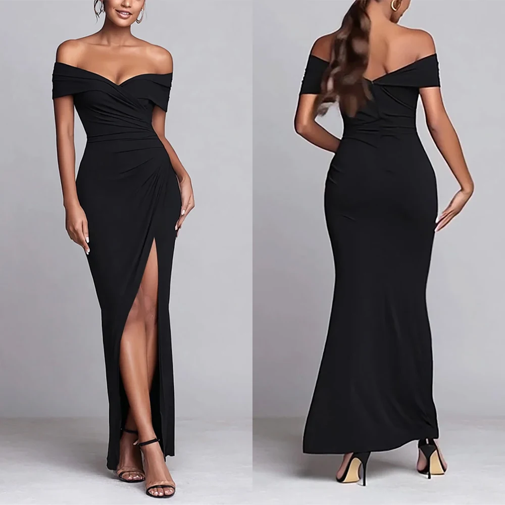 Customized V-neck Off Shoulder Ankle Length Black Backless Zipper Straight Vestidos Elegantes Para Mujer Elegant Dress Women 드레스