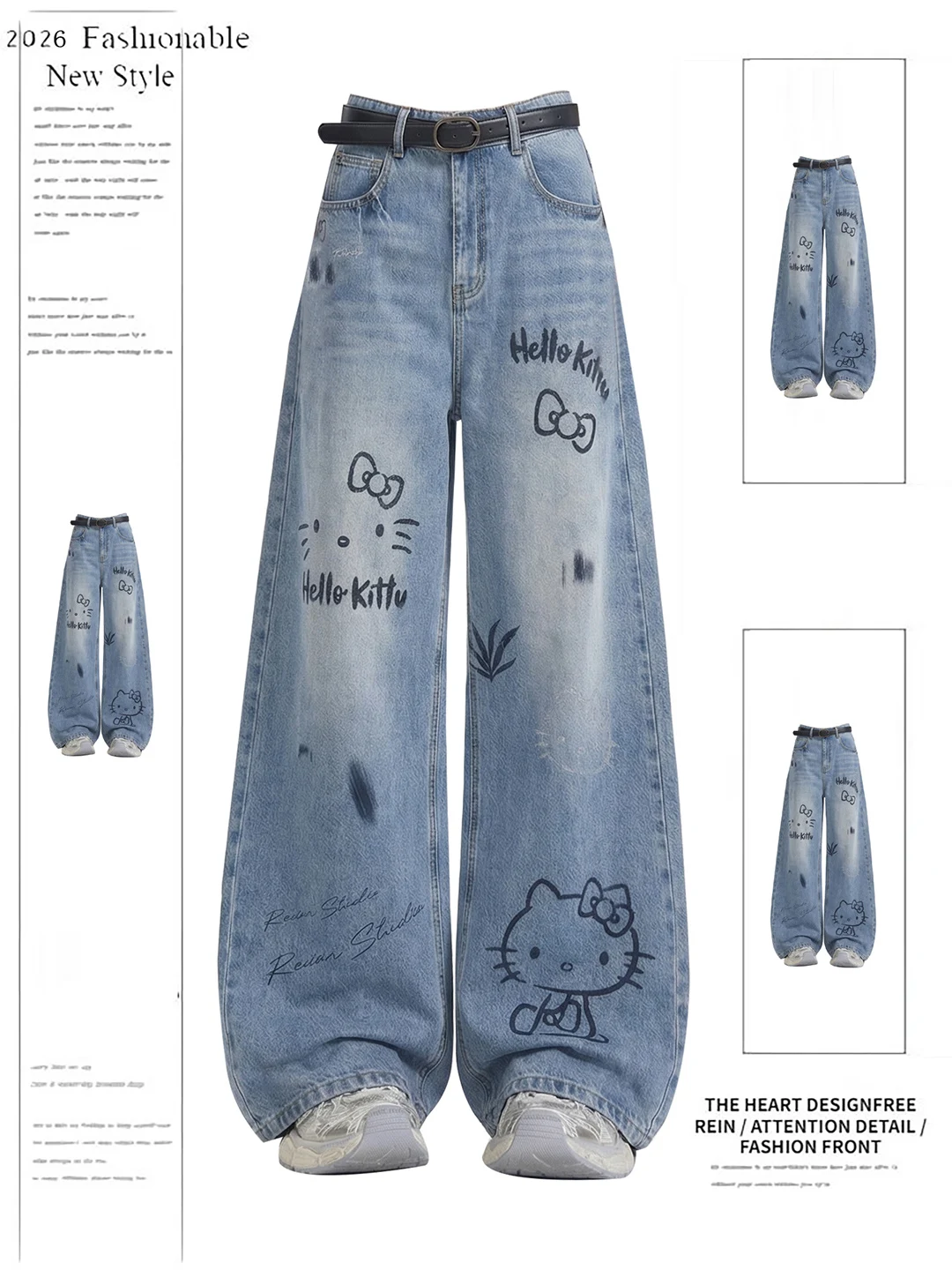 

American Retro Cartoon Graffiti Rhinestone Straight Leg Jeans High Waist Slim Wide Leg Pants Spring 2026 Casual High Waist
