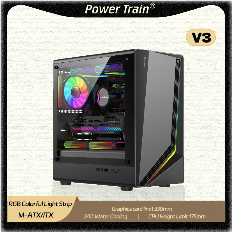 

Power Train Zhijie V3 M-ATX RGB Colorful Light Strip side transparent ITX PC case 240 Water Cooling Desktop computer case