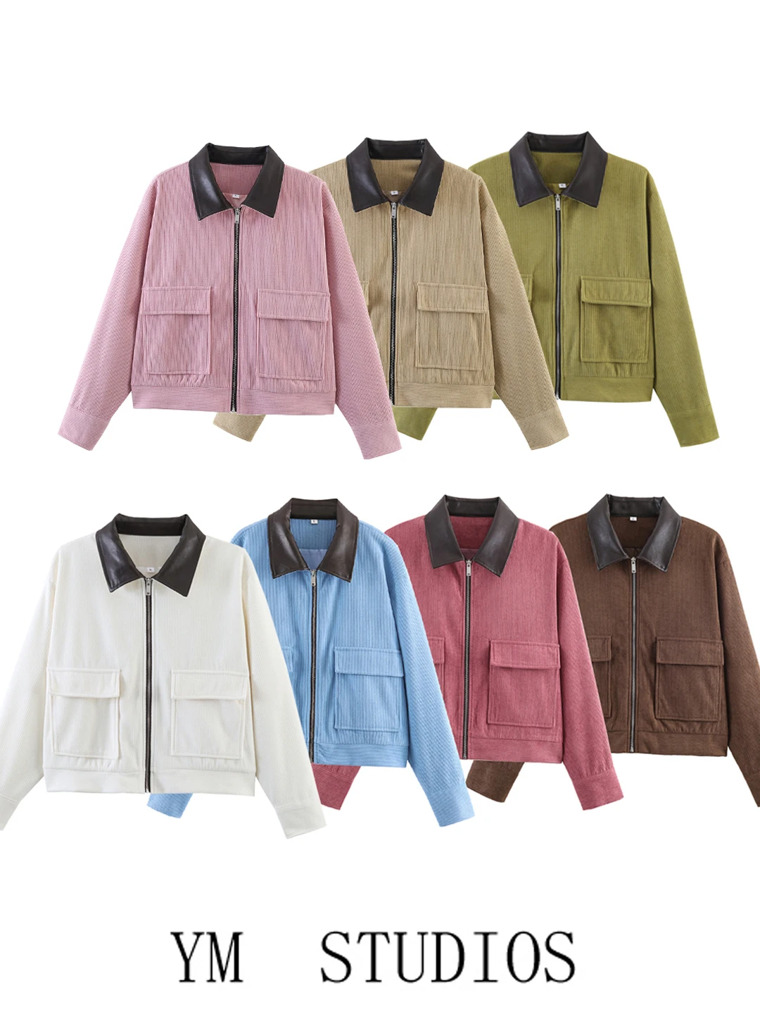 Women's Short Jacket Corduroy Color Block Zipper Leather Collar Outerwear Spring Autumn Fashion Casual Stylish Polyester