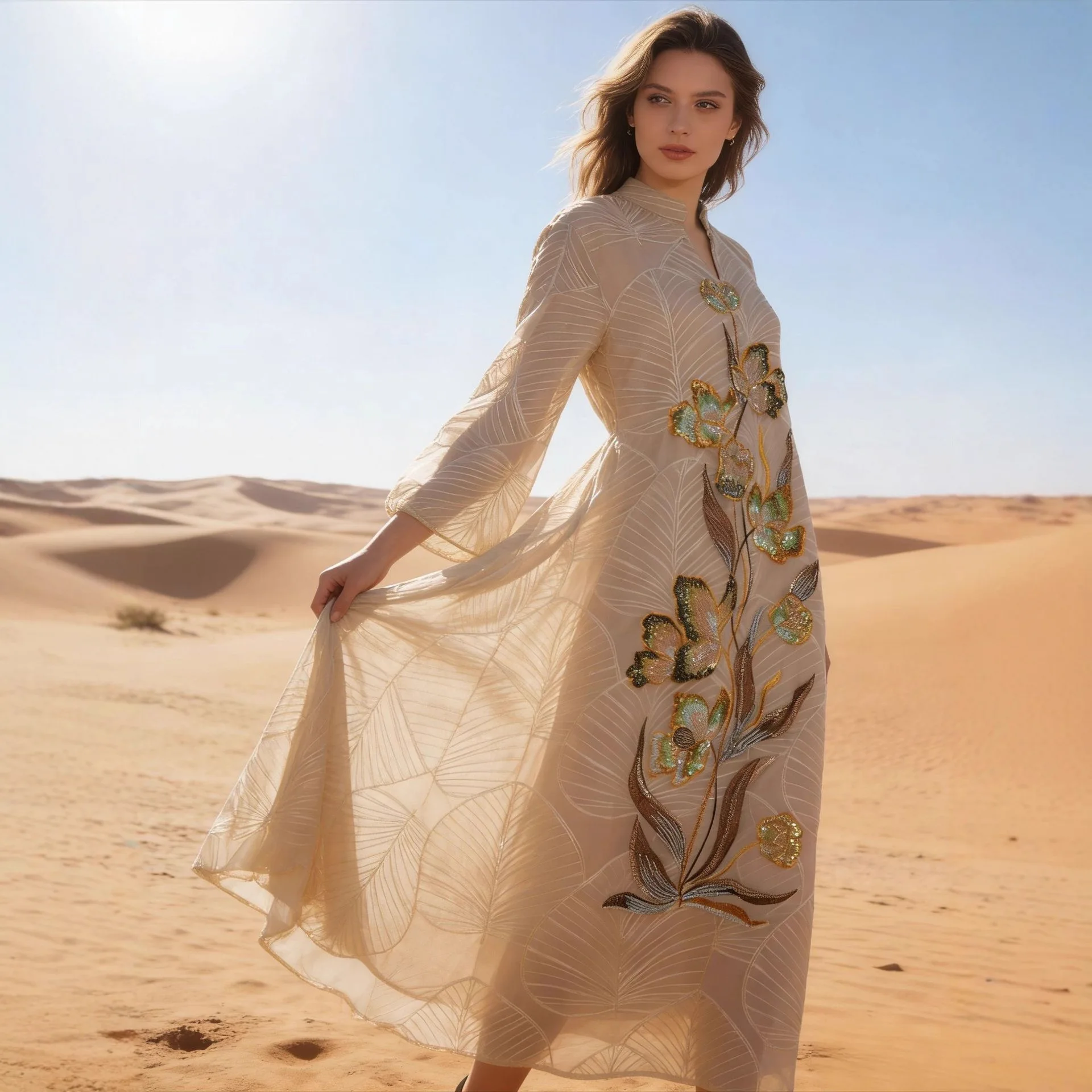 

Arab Middle East New Fashion Women's Embroidered Mesh Loose Trendy Casual Luxury Long Sleeve V-neck Ankle Length Abaya Dress
