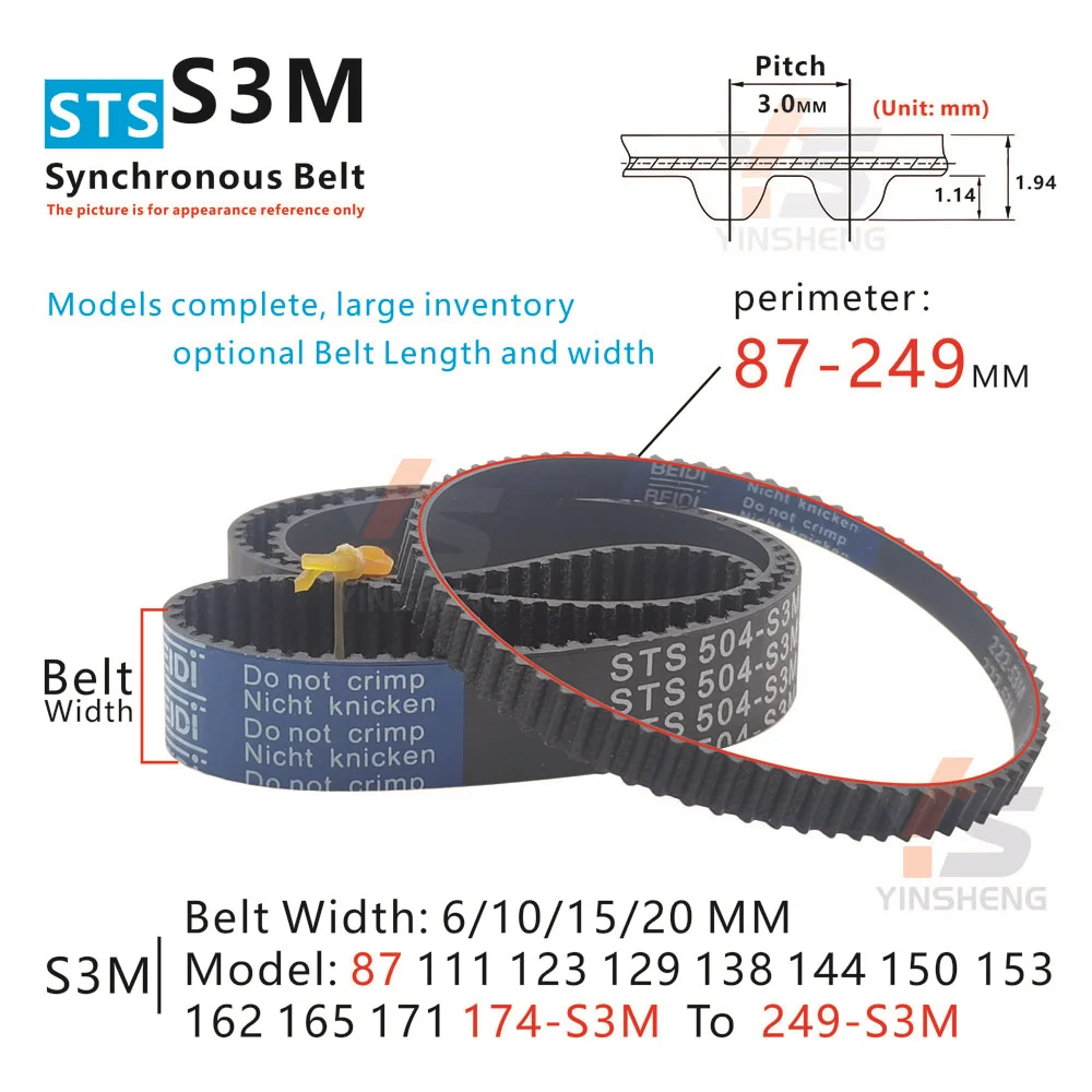 STS S3M Synchronous Timing Belt perimeter 87 To 249 MM Model 87-S3M 96-S3M 102-S3M 105-S3M 108-S3M 111-S3M To 249-S3M DIY Belt