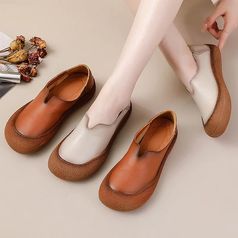 2024 New women's luxury wide width shoes V cut cowhide leather ballet fats  woman vintage flat moccasin thick durable brand flat