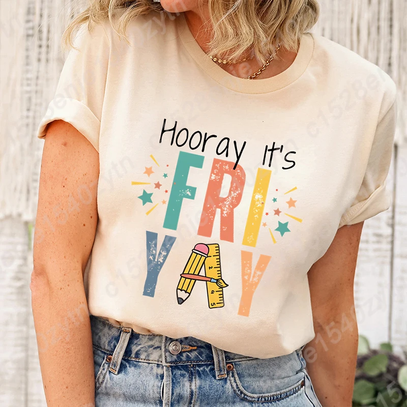 

Women's Crew Neck Summer Short Sleeve T-Shirt, Hooray It's Friyay Letter Print T-shirts, Funny Friday T-shirt, Women Clothing