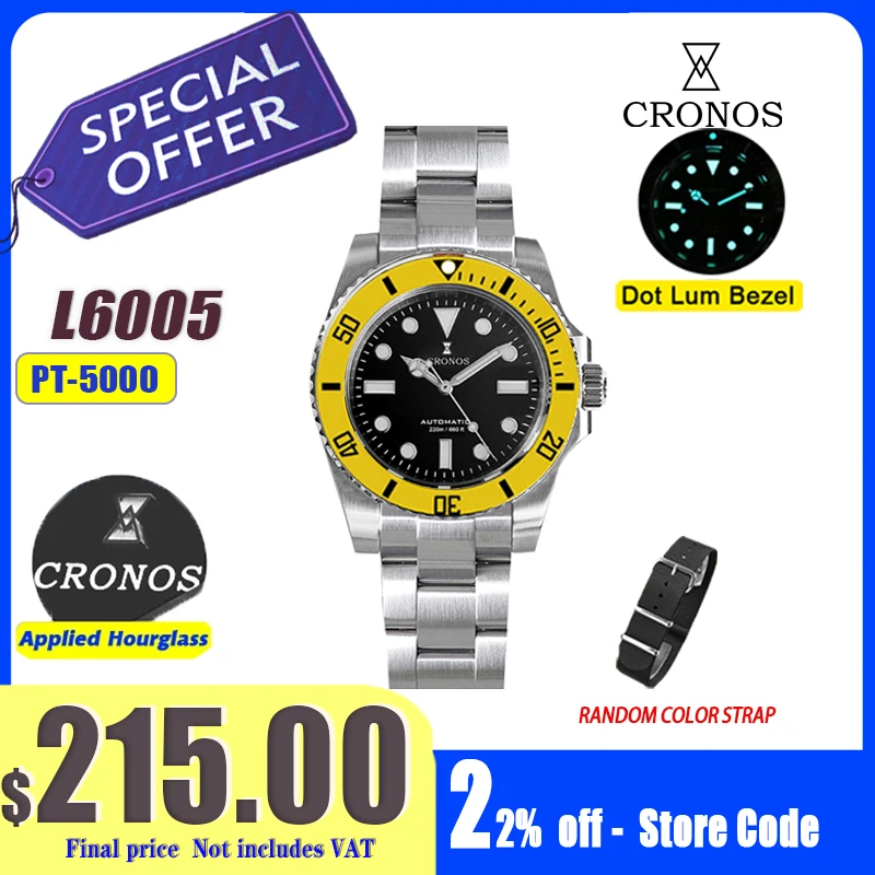 Cronos Sub Diving Men Automatic Mechanical Watch No Date PT5000