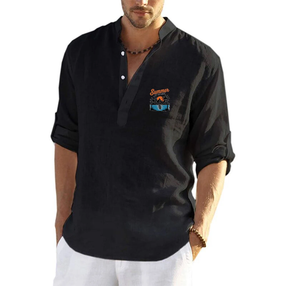 2026 Summer Set Off Again Print Spring And Autumn New Men's Linen Long-sleeved Shirt Beach Style Thin Solid-color Top