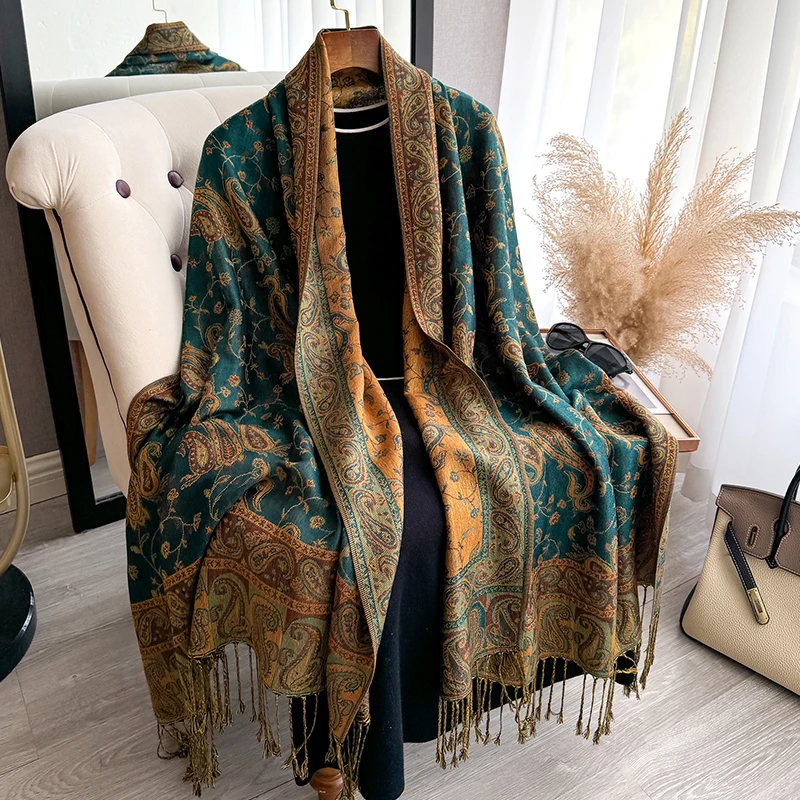 شرابة بطانية تصميم سميكة الباشمينا شتاء جديد دافئ شال التفاف بيزلي نمط وشاح المرأة منديل المعطف الشالات 2025