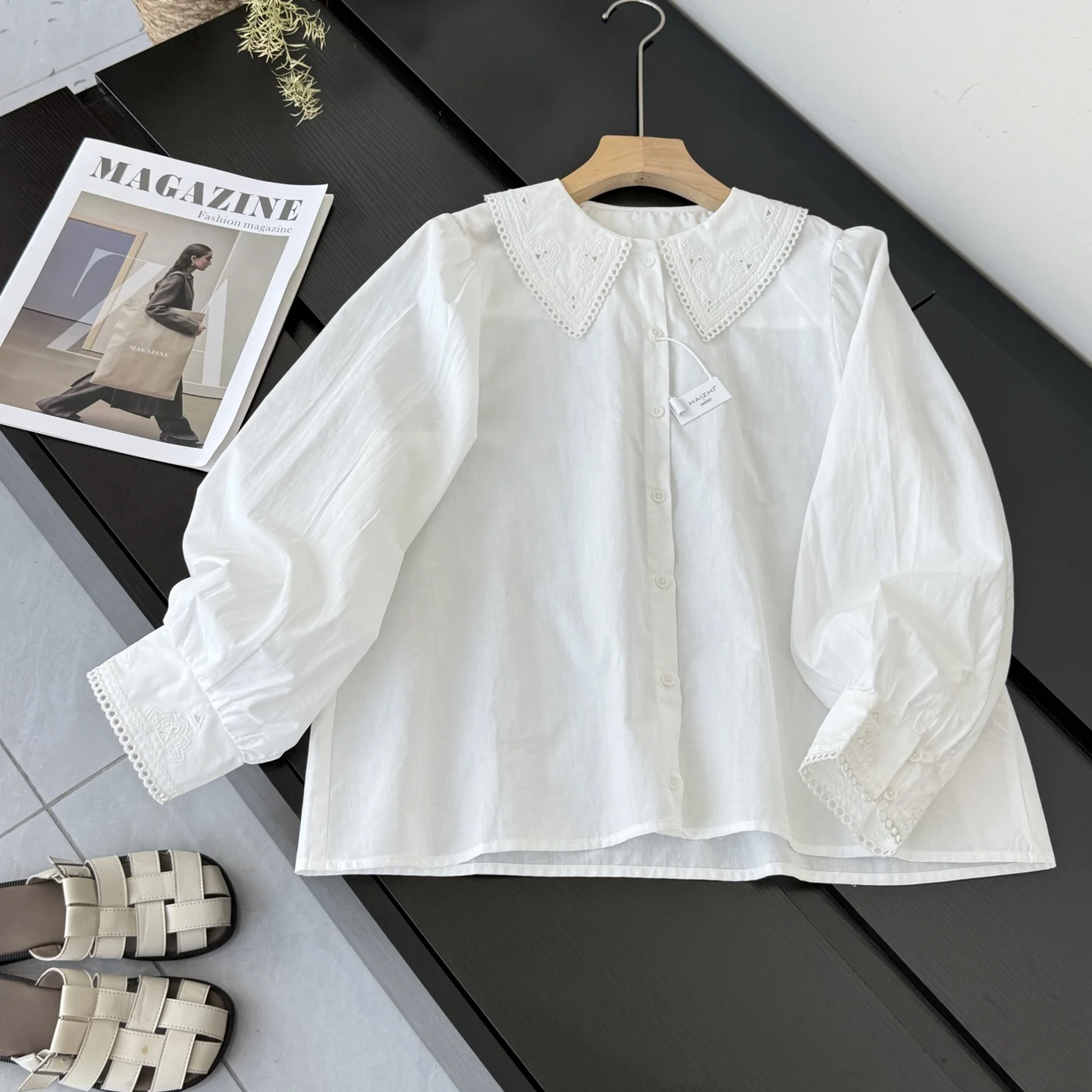 

Elegant White Embroidered Hollow out Doll Collar Shirt Women's Autumn College Style Fashion Long Sleeve Cotton Blend Shirt