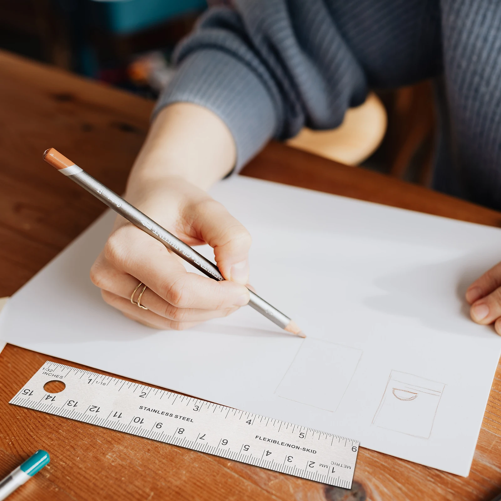 2pcs Soft Cork Ruler 15cm Stainless Straight Edge for Drawing Graphic Design Teaching Engineering