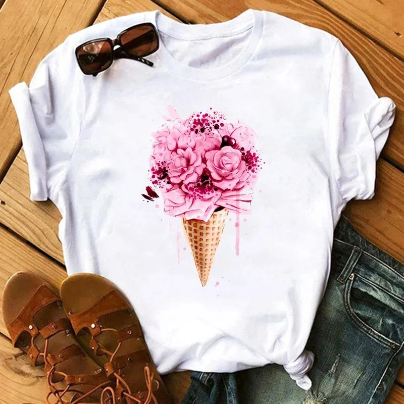 

Women Ice Cream Bouquet Print Tshirts Summer Casual Short Sleeve Tshirt Kawaii Women Shirt T Female T-shirt Tops Woman Tee
