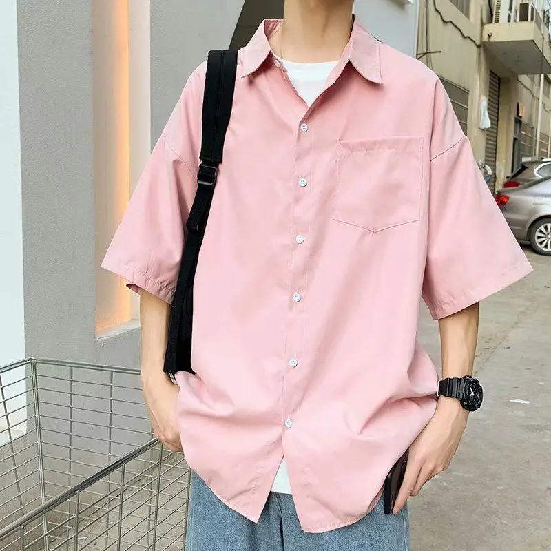 Summer Short-sleeved Shirt Men's Korean Style Fashion Handsome Solid Color Hong Kong Style Student Handsome Loose