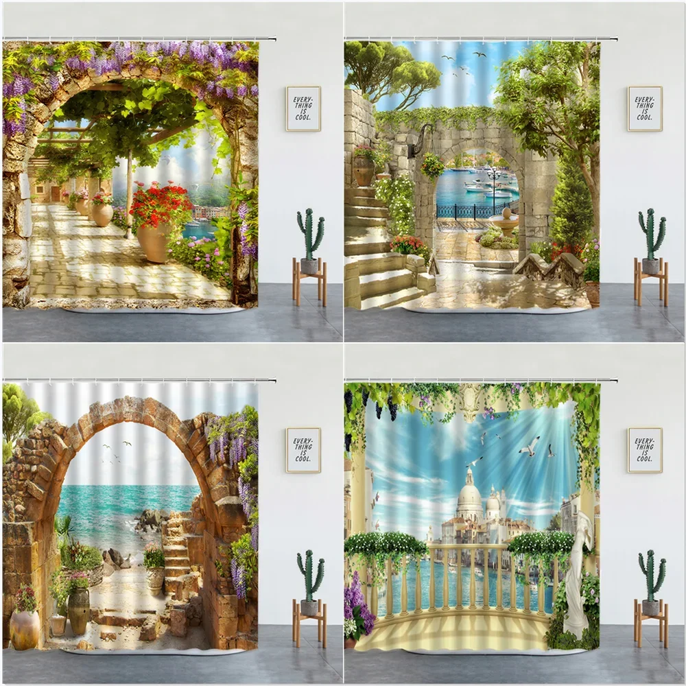 Landscape Shower Curtains American Building Street Garden Green Vine Flower Scenery Print Bathroom Screen Background Wall Decor