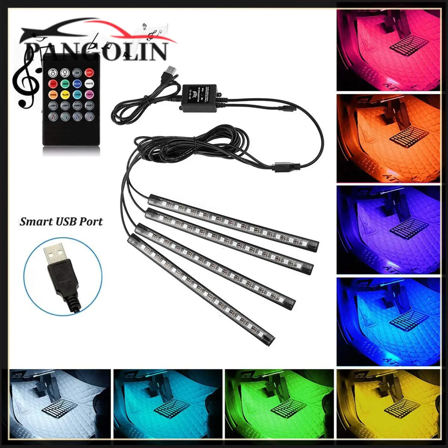 

Car Atmosphere Light set A Tow Four 48 Light Strip RGB+USB Head/ RemoteControl+Voice Control For Car Motorcycle ATV Decorative