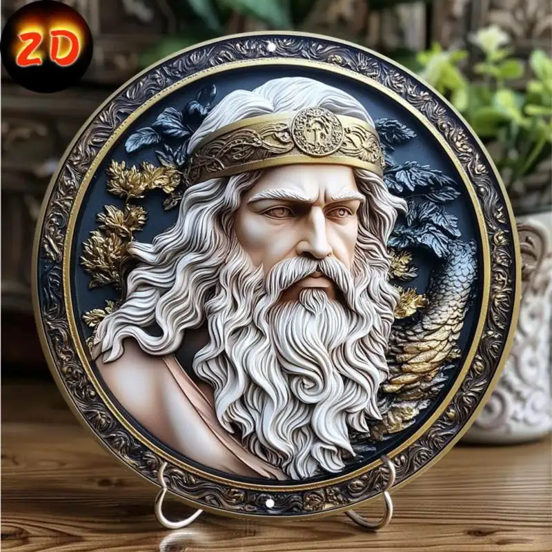 Zeus-Inspired Round Aluminum Wall Art - Regal God of Thunder Design with Ornate Golden & Black Frame,Home, Office Decor