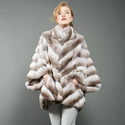 Delightful Rex Rabbit Fur Coat Women Winter Fashion Chinchilla Color Jacket Bat Type Overcoat Fur Batwing Coat