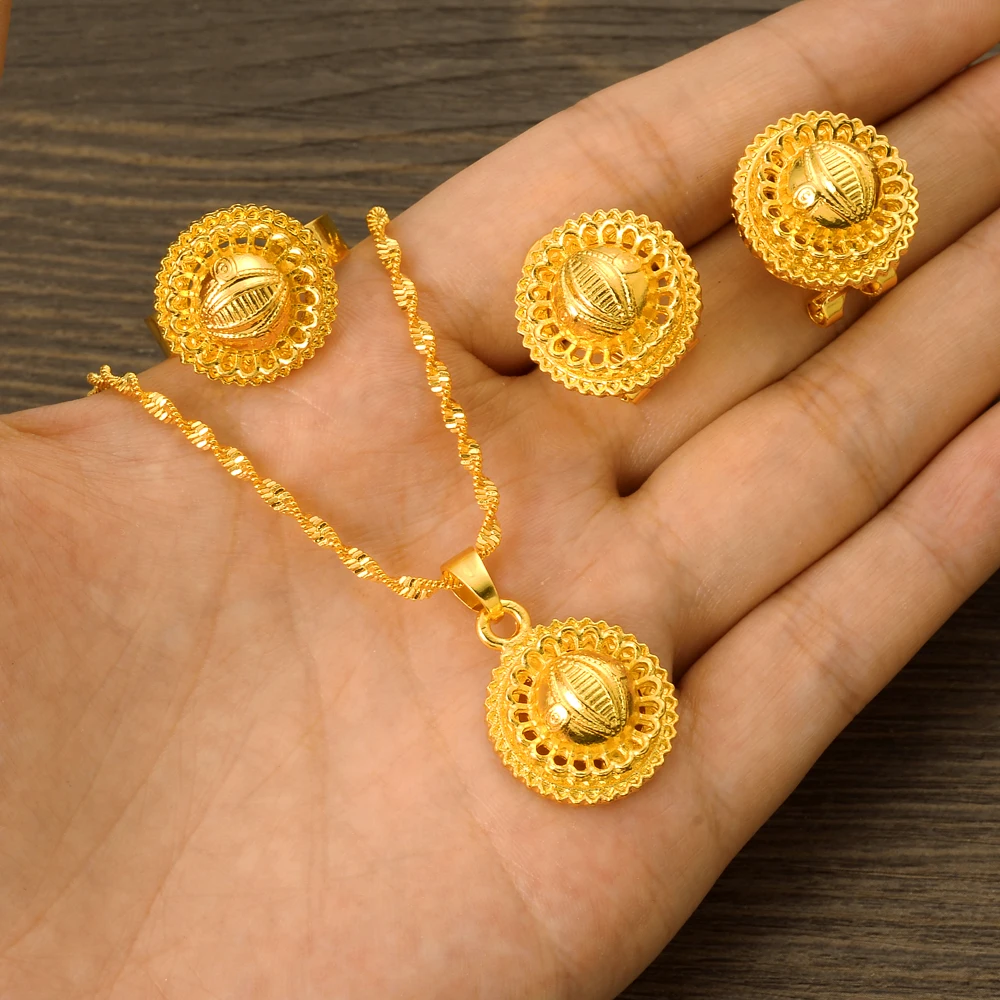 Charm 24K Gold Plated Cute Eye Shaped Africa Ethiopian Jewelry  Earring Ring Pendant Chain Wedding Bridal Niecly Sets Gifts